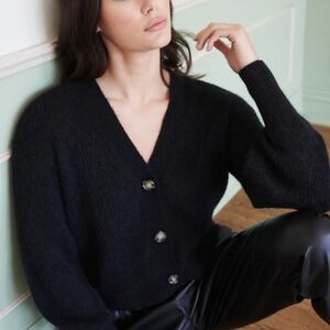 Quince Black Alpaca Bell Sleeve Cardigan Sweater Button